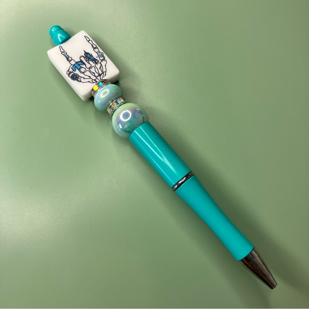 Skeleton Hand Wearing Turquoise Rings Handmade Beaded Pen - Picture 5 of 6